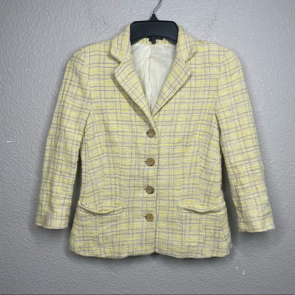 Theory Size 2 Tweed Blazer Jacket Yellow Plaid Cotton Single Breasted Pockets - Picture 1 of 8